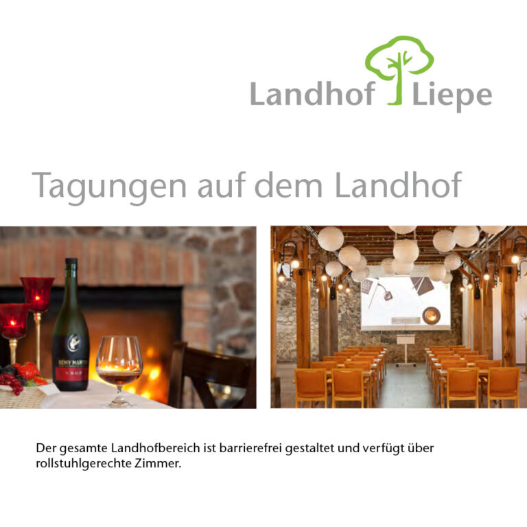 Flyer mit dem Titel „Tagungen auf dem Landhof“ und Bildern von Restaurant sowie barrierefreiem Tagungsraum in Liepe