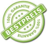 Grünes Siegel mit der Aufschrift „Bestpreis“ und „100% Garantie“ sowie Sternen und kreisförmigem Rand
