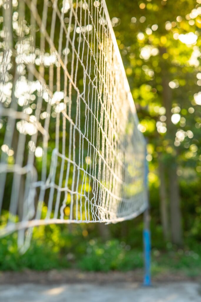 Weißes Volleyballnetz auf einem grünen Freizeitplatz zwischen Bäumen bei warmem Tageslicht im Landhof Liepe